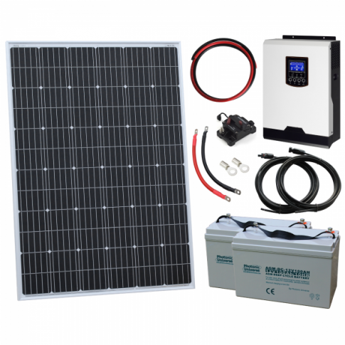 250W 12V COMPLETE OFF GRID SOLAR POWER SYSTEM WITH 250W SOLAR PANEL 1KW HYBRID INVERTER AND 2 X 100AH BATTERIES countyelec
