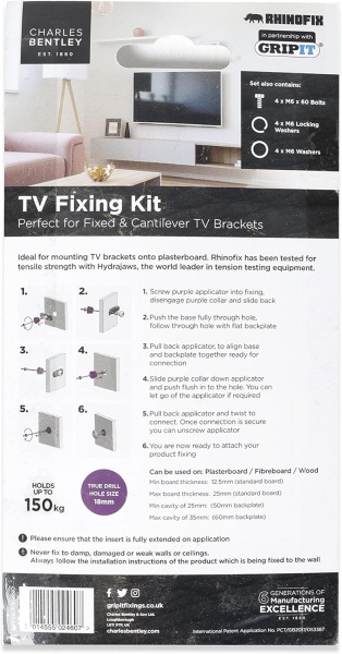 Charles Bentley Gripit Rhinofix Cantilever TV Fixing Kit, GPTVKIT/RHINO
