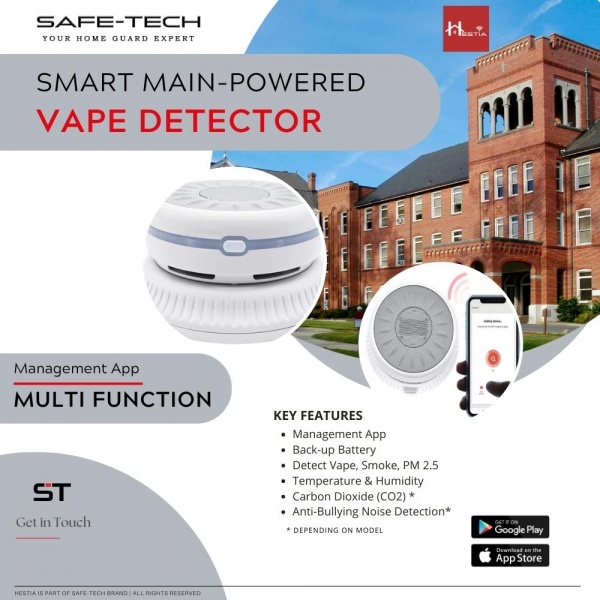 SAFE-TECH Mains Powered Multi-Function Vape Detector With CO2, Noise and Temperature Sensors