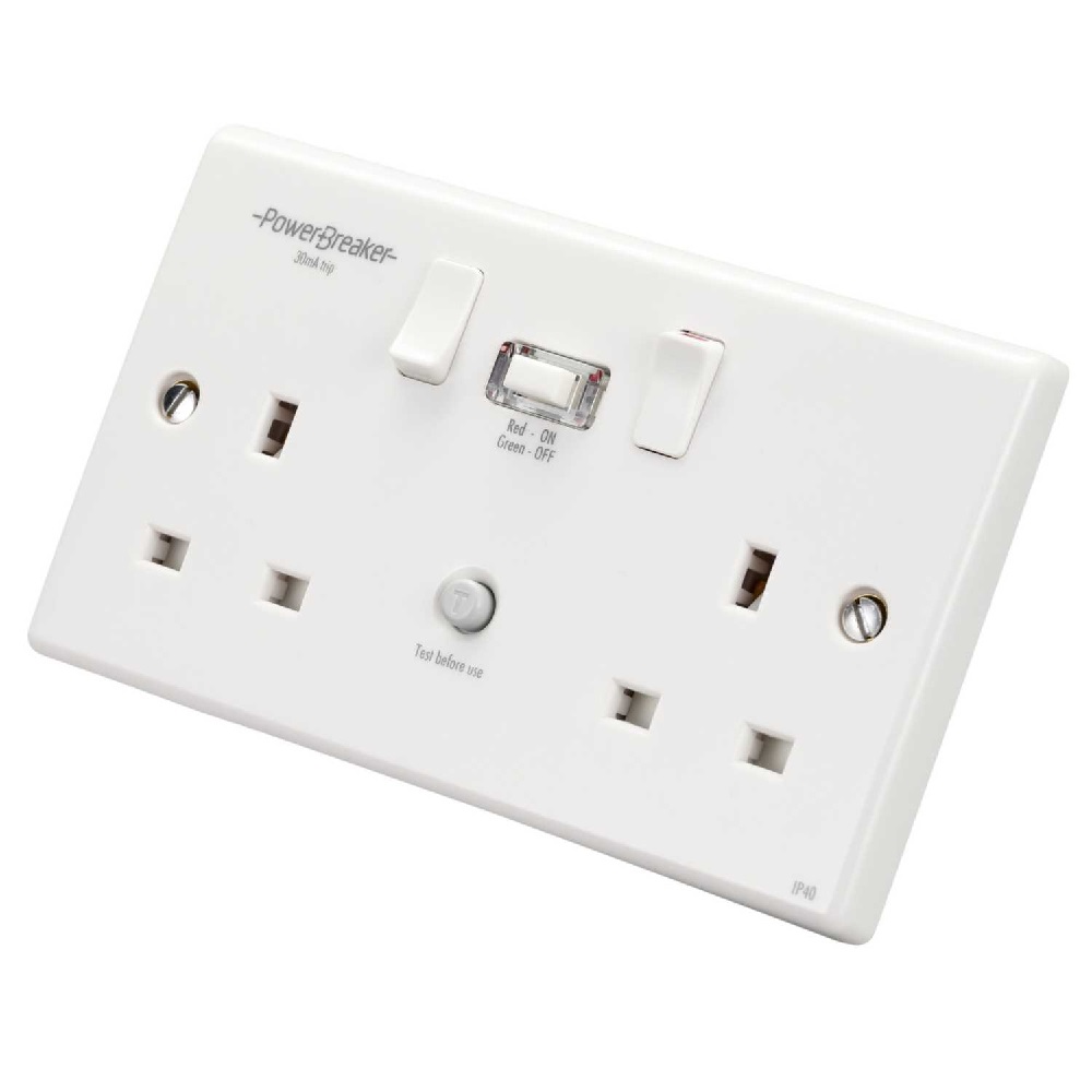 thumbnail image 2 of Europa 2 Gang RCD Socket – UK 3 Pin, Metal, Latched Safety Adaptor – RCD13ASS 2 of 2