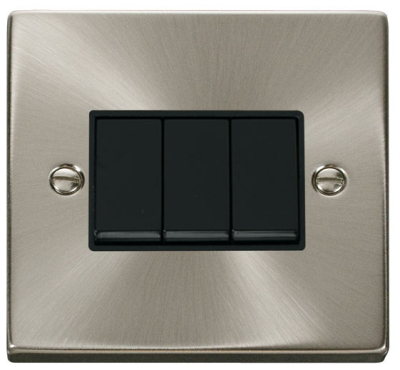 Click VPSC013BK Deco Satin Chrome 3 Gang 2 Way Plateswitch With Black Inserts 10AX