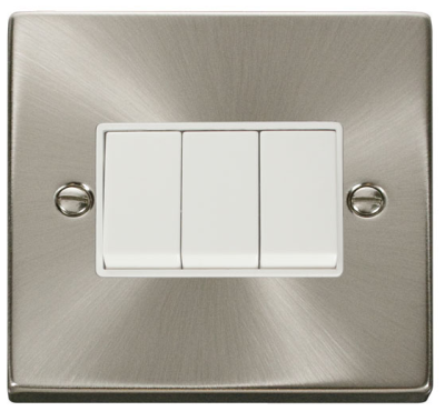Click VPSC013WH Deco Satin Chrome 3 Gang 2 Way Plateswitch With White Inserts 10AX